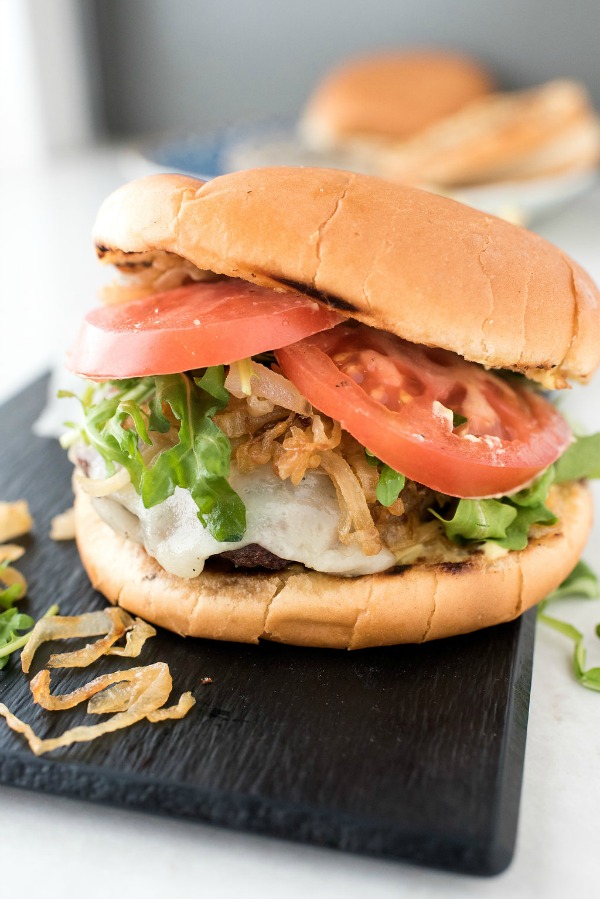 Grilled Garlic Bread Cheeseburgers with Mozzarella and Caramelized