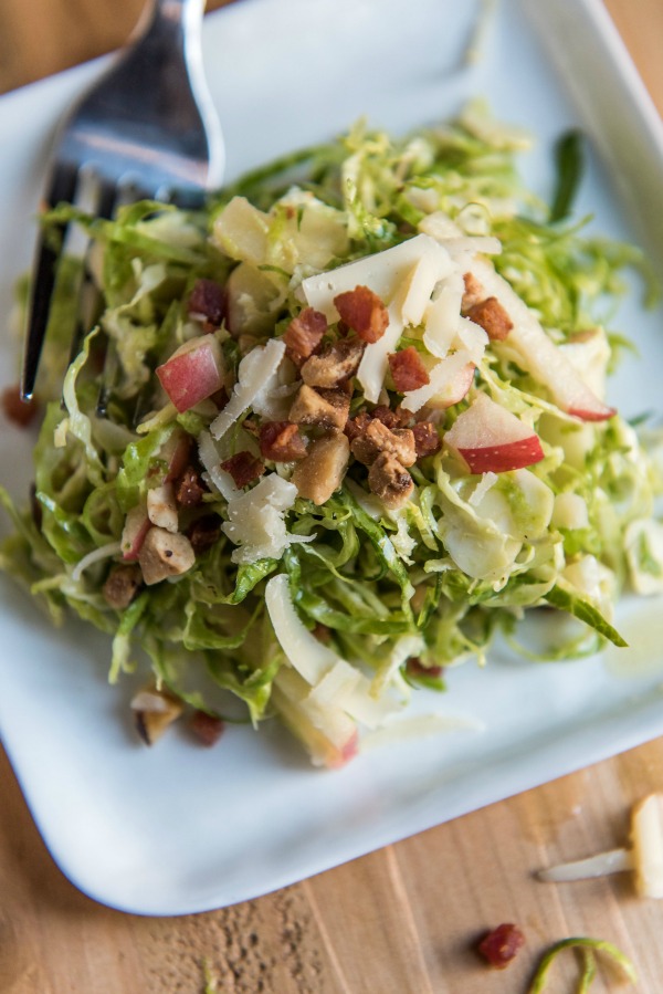 Shredded Brussels Sprout and Apple Salad with Pancetta, Hazelnuts and
